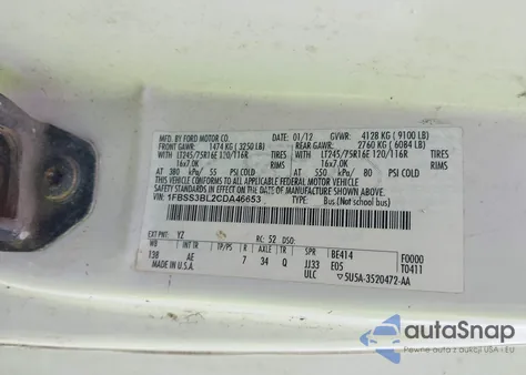 2012 Ford E-350 Super Duty Xl z USA, uszkodzony, nr VIN 1FBSS3BL2CDA46653